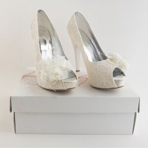 Satin Lace & Floral Bridal Heels Shoes Ivory White Peep Toe Womens Size 40